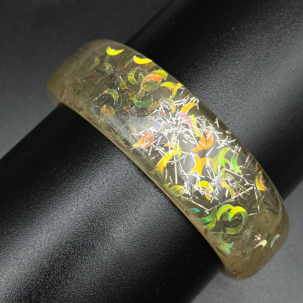 Vintage Bangle Yellow Iridescent Crescent Moon Silver Glitter Size 8